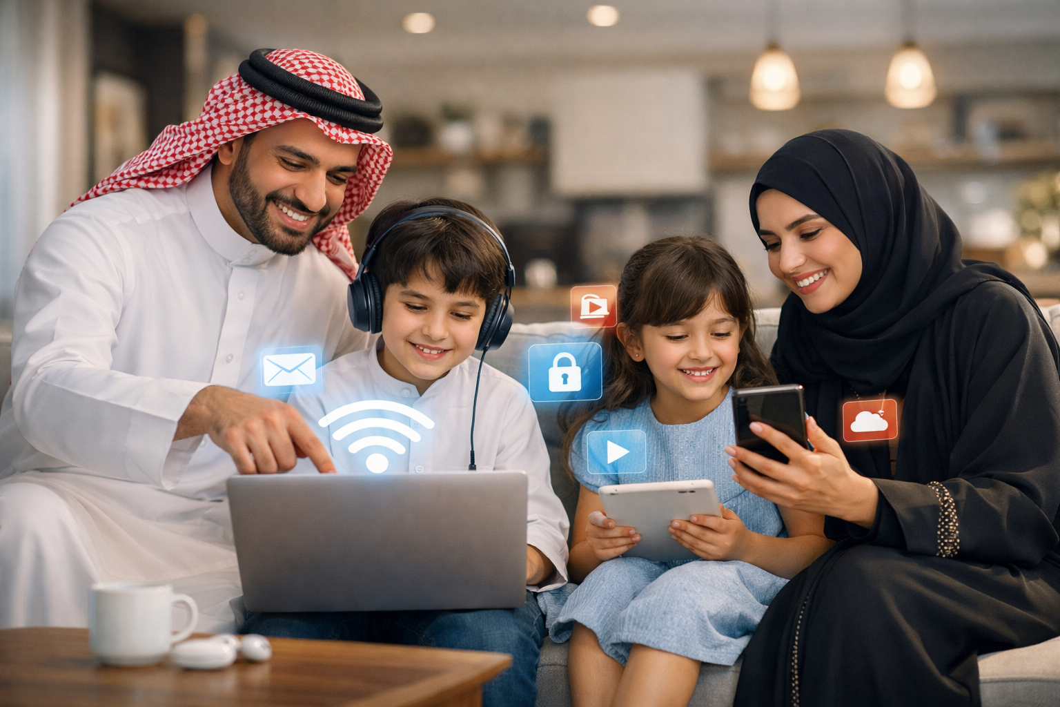 عائلة سعودية في منزل مريح تستخدم الإنترنت